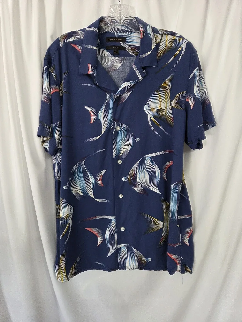 Banana Republic Slim Fit Navy Tropical Fish Print Short-Sleeve Shirt Size L